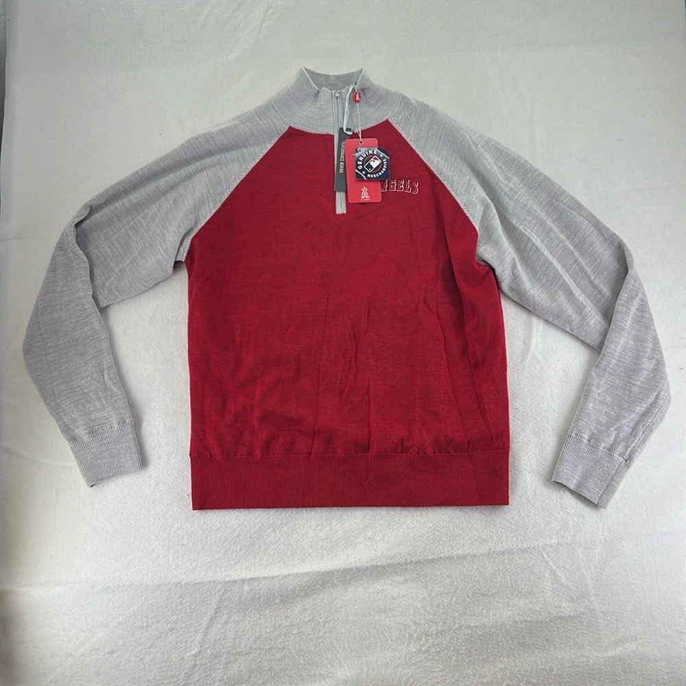 NWT MLB Angels Long Sleeve 1/4 Zip Sweater Jacket Red Gray Womens L Merino Wool
